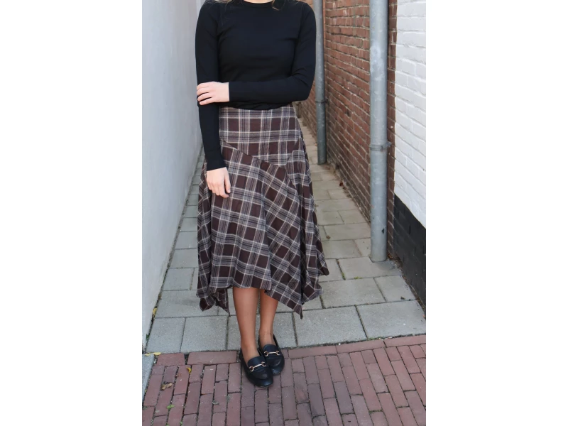 Bruin geruite midirok met asymmetrische zoom